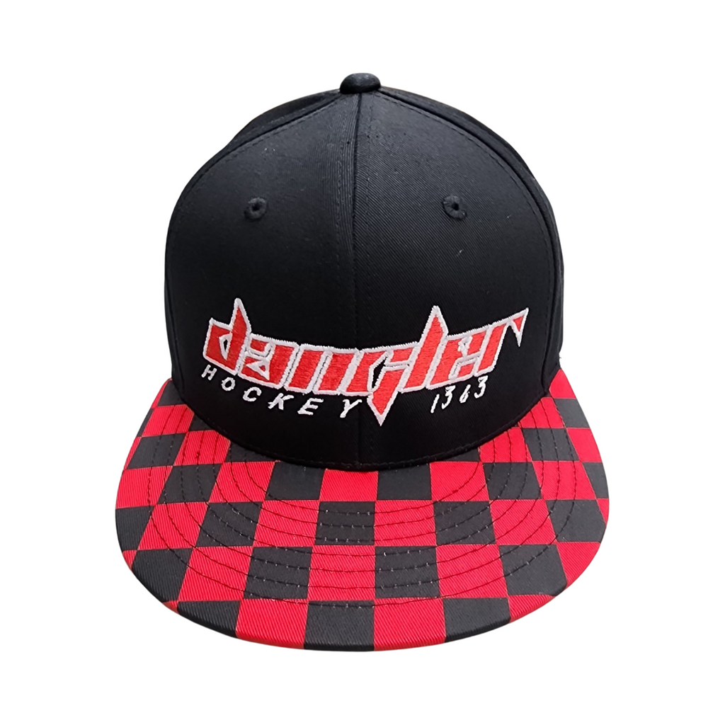BLACK/ BLACK & RED CHECKED BILL WHITE OUTLINE RED LOGO