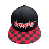 BLACK/ BLACK & RED CHECKED BILL WHITE OUTLINE RED LOGO