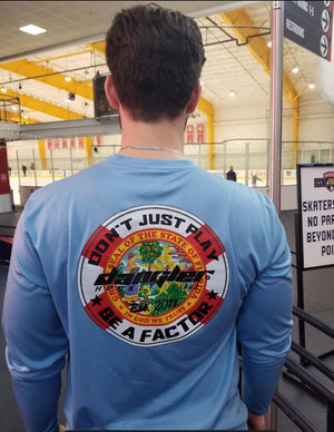 BLUE PERFORMANCE SHIRT/ DON'T JUST PLAY BE A FACTOR FLORIDA FLAG