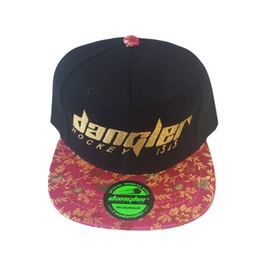 BLACK-SATIN PINK & GOLD FLORAL BILL-GOLD LOGO